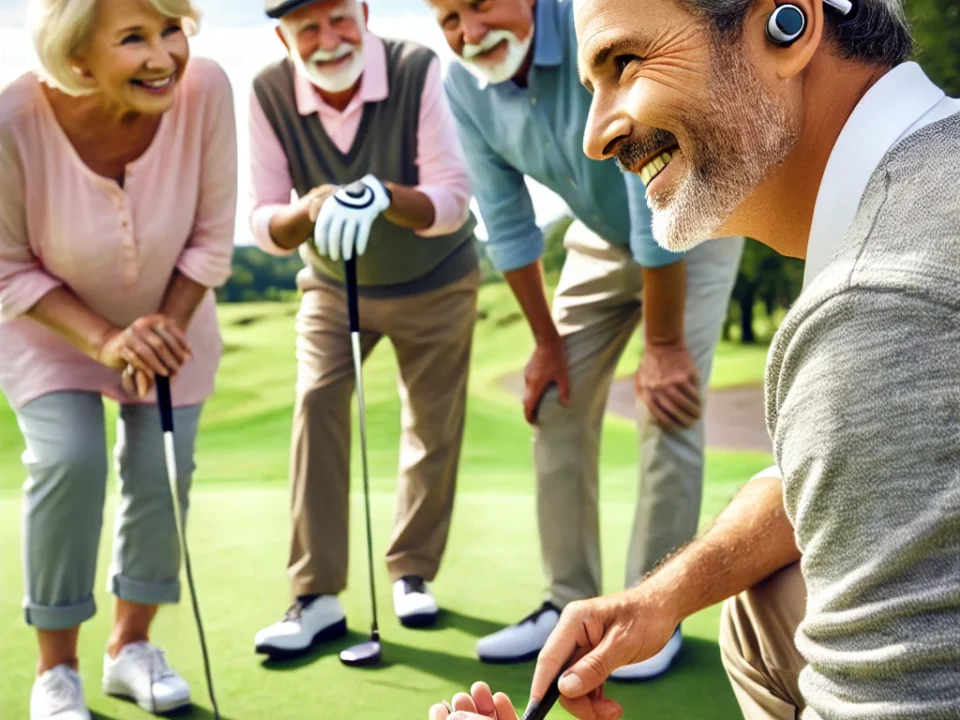  dalle 2025 04 15 170444   a group of older adult golfers both men and women smiling and chatting near the green on a golf course one of them is clearly wearing a modern hear hear your way to a better golf game how hearing aids improve your performance on the course   the audiology place